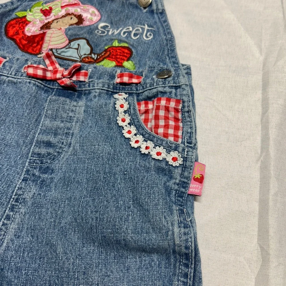 Vintage Strawberry Shortcake Denim Overalls Gingham Ruffle Shortalls 18M RN15435